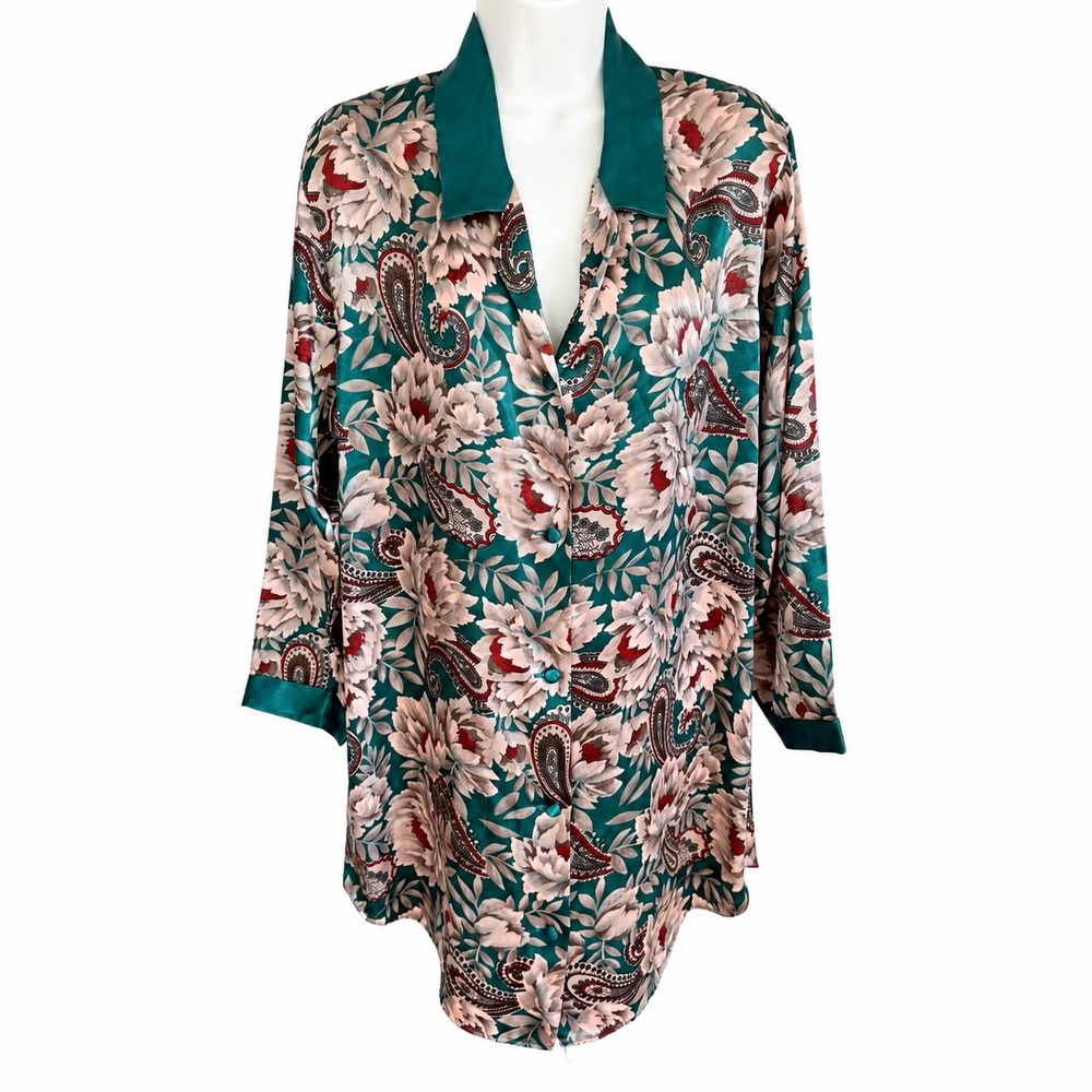 Vintage 1993 Hilton Australia Teal Floral Paisley Satin Sleep Shirt US 8 AU 12